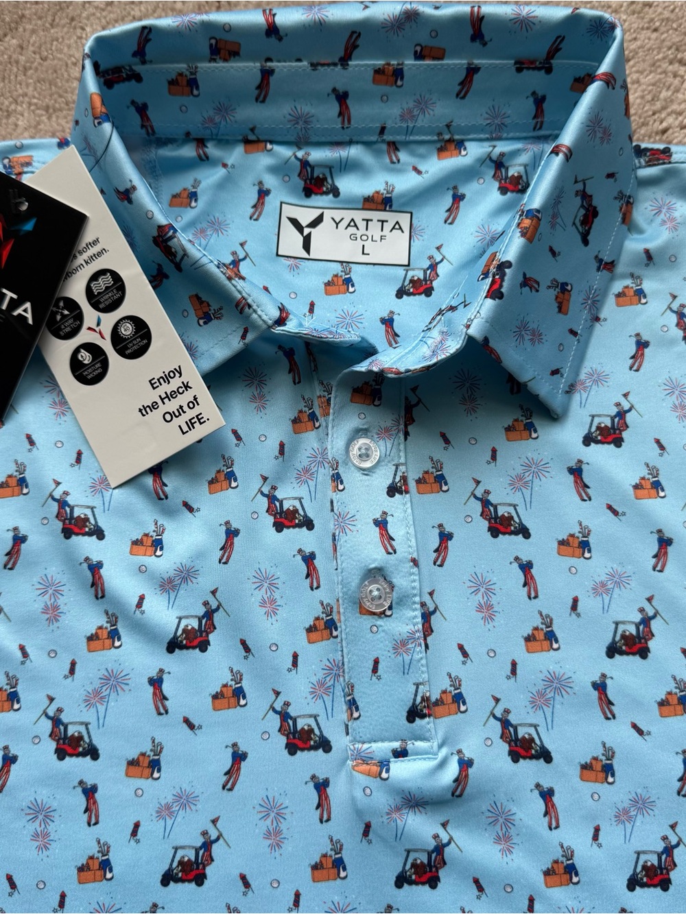 Yatta Golf Performance Polo Mens L Blue Uncle Sam Fireworks 4th July Golf Cart